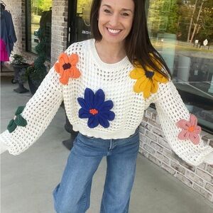 BiBi Floral Open Knit Crop Sweater in Cream with Floral Accents